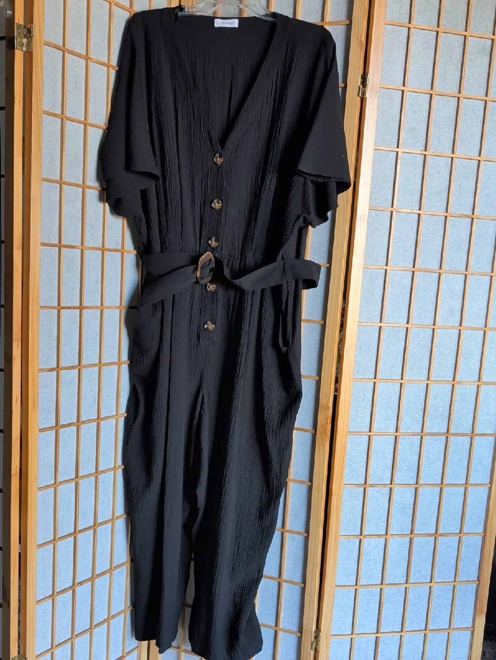 Women's Black Button-Front Jumpsuit with Belt
